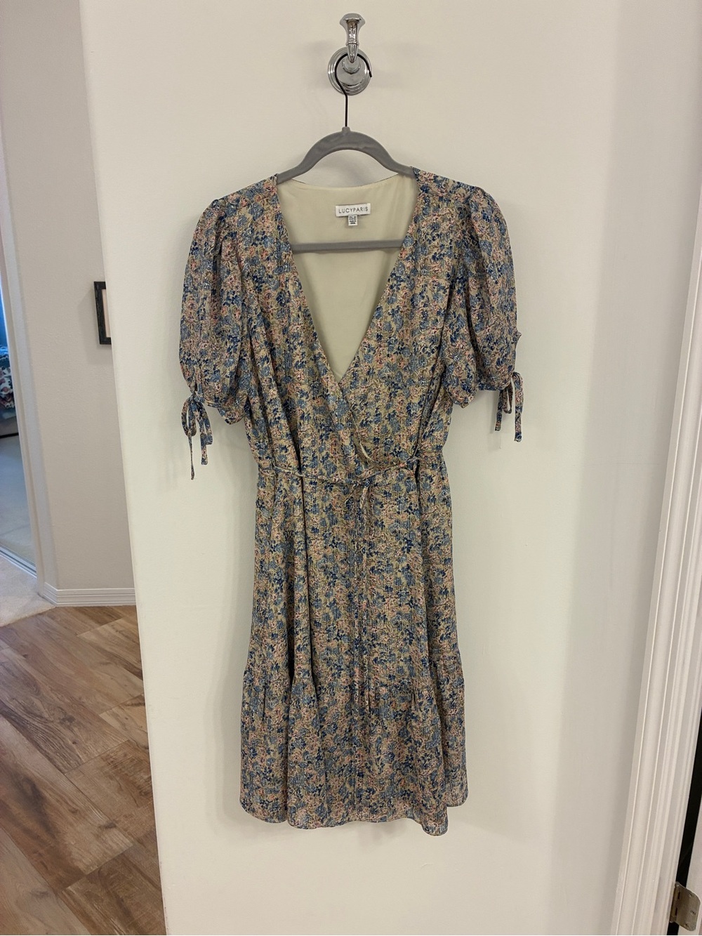 Lucy Paris Beige with Blue Floral Tie-Waist Midi Dress